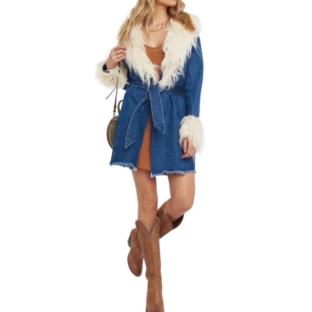 Show Me Your Mumu Penny Lane Denim Faux Fur Trim Jacket XS